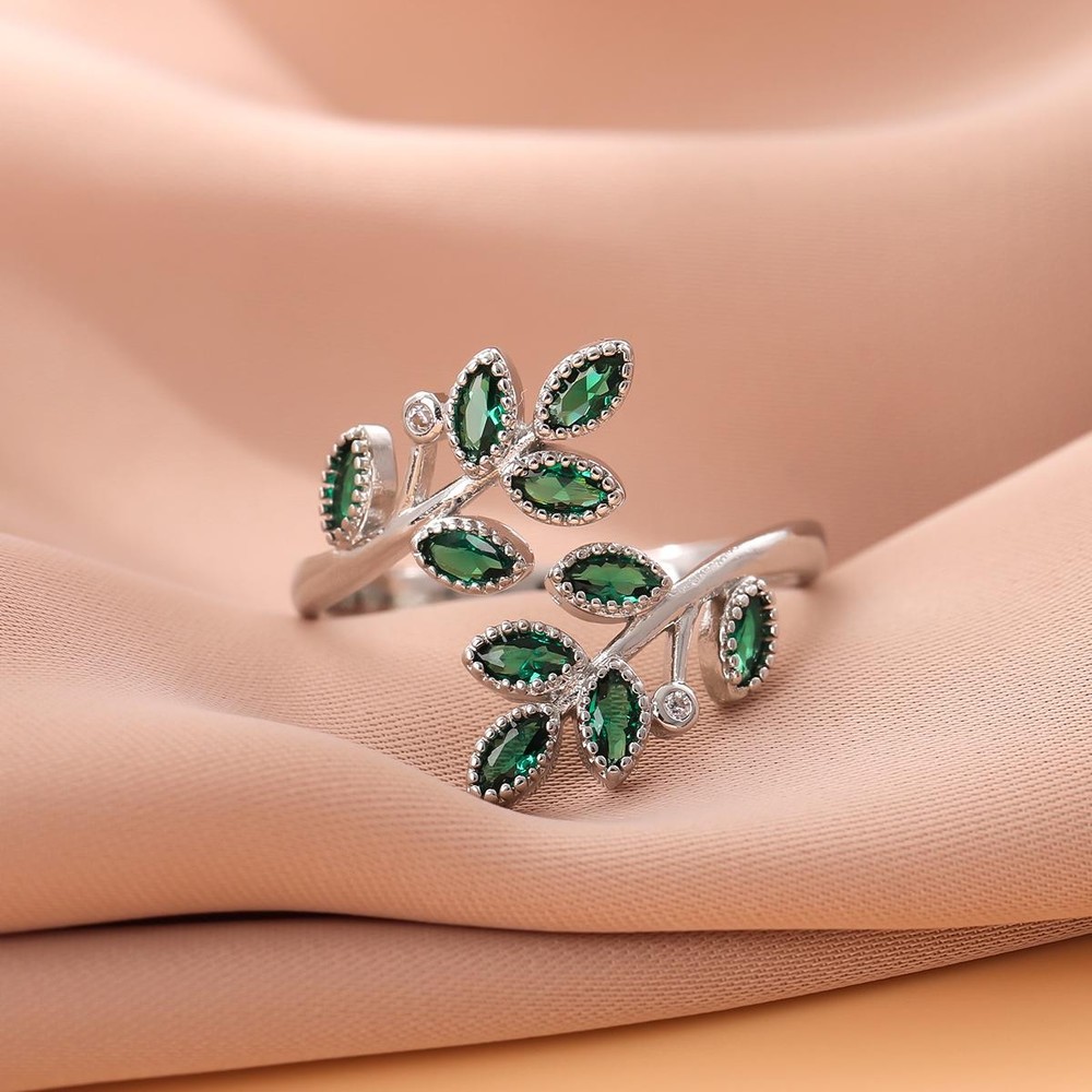 Green Crystal Leaf Ring 925 Sterling Silver Adjustable Elegant Fashion Jewelry