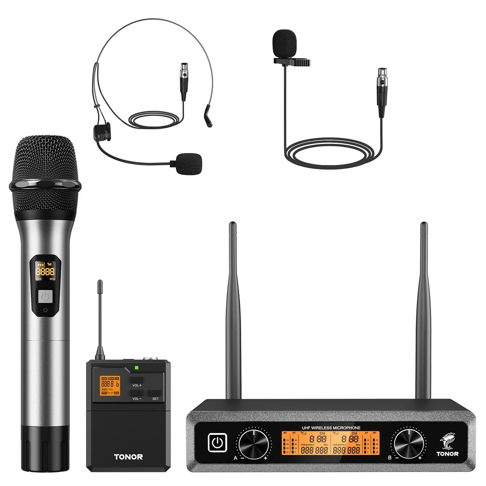 Wireless UHF Microphone System with Headset Lapel Lavalier Handheld Mic Metal Body