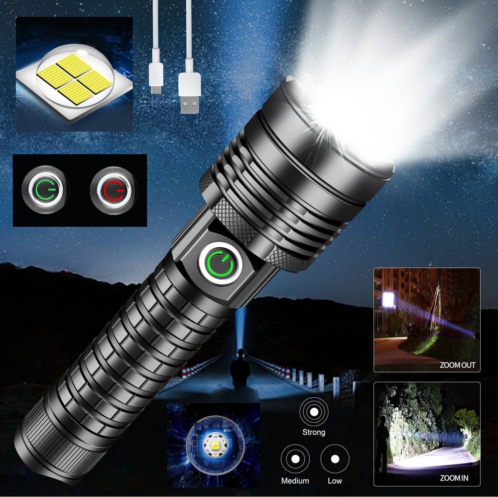 1000000LM Super Bright LED Flashlight Rechargeable USB Working Torch Zoomable