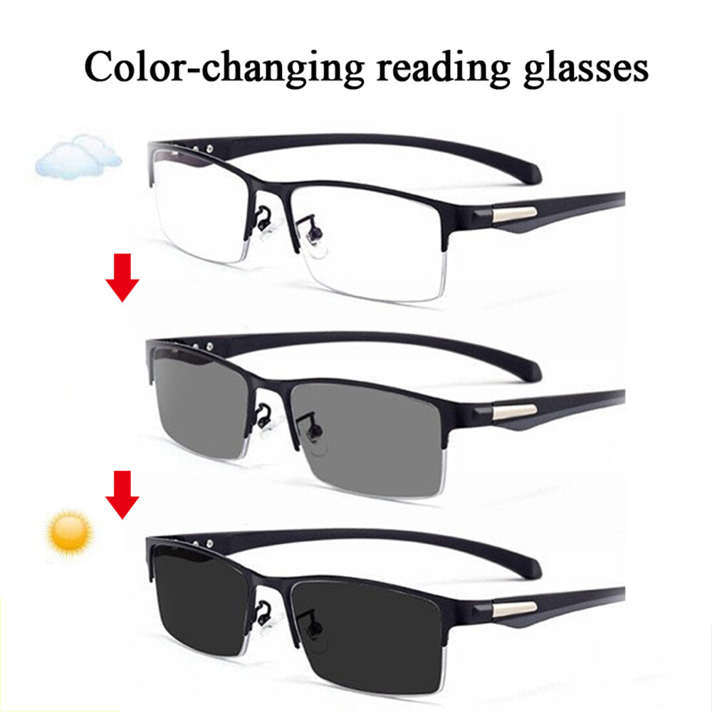 Photochromic Gunmetal Progressive Multifocal Reading Glasses Anti-blue Magnifier