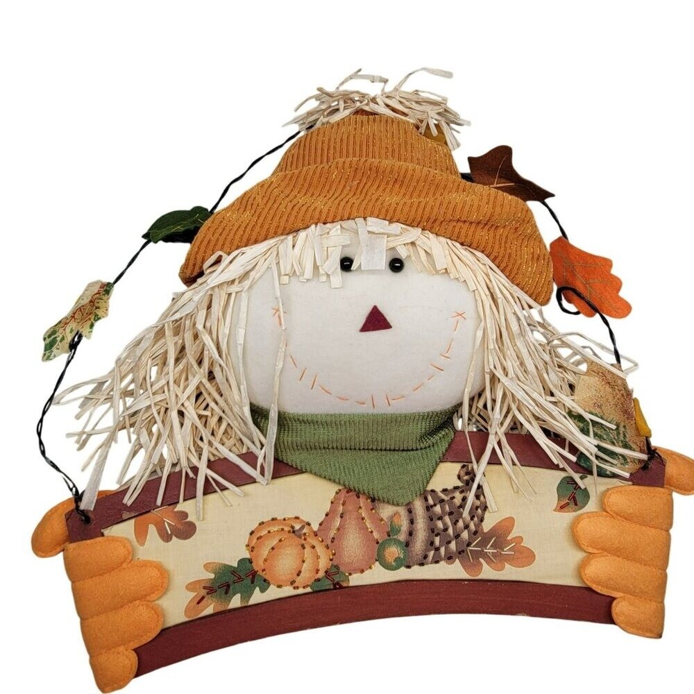 Vintage Fall Harvest Scarecrow Plush with Straw Hat for Wall or Door Decor
