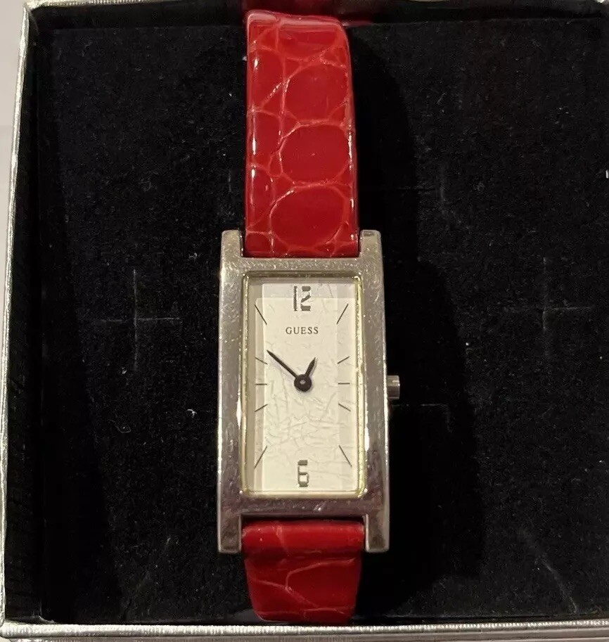 Ladies Vintage Analog Guess Watch Red Leather Band White Face New Battery Works