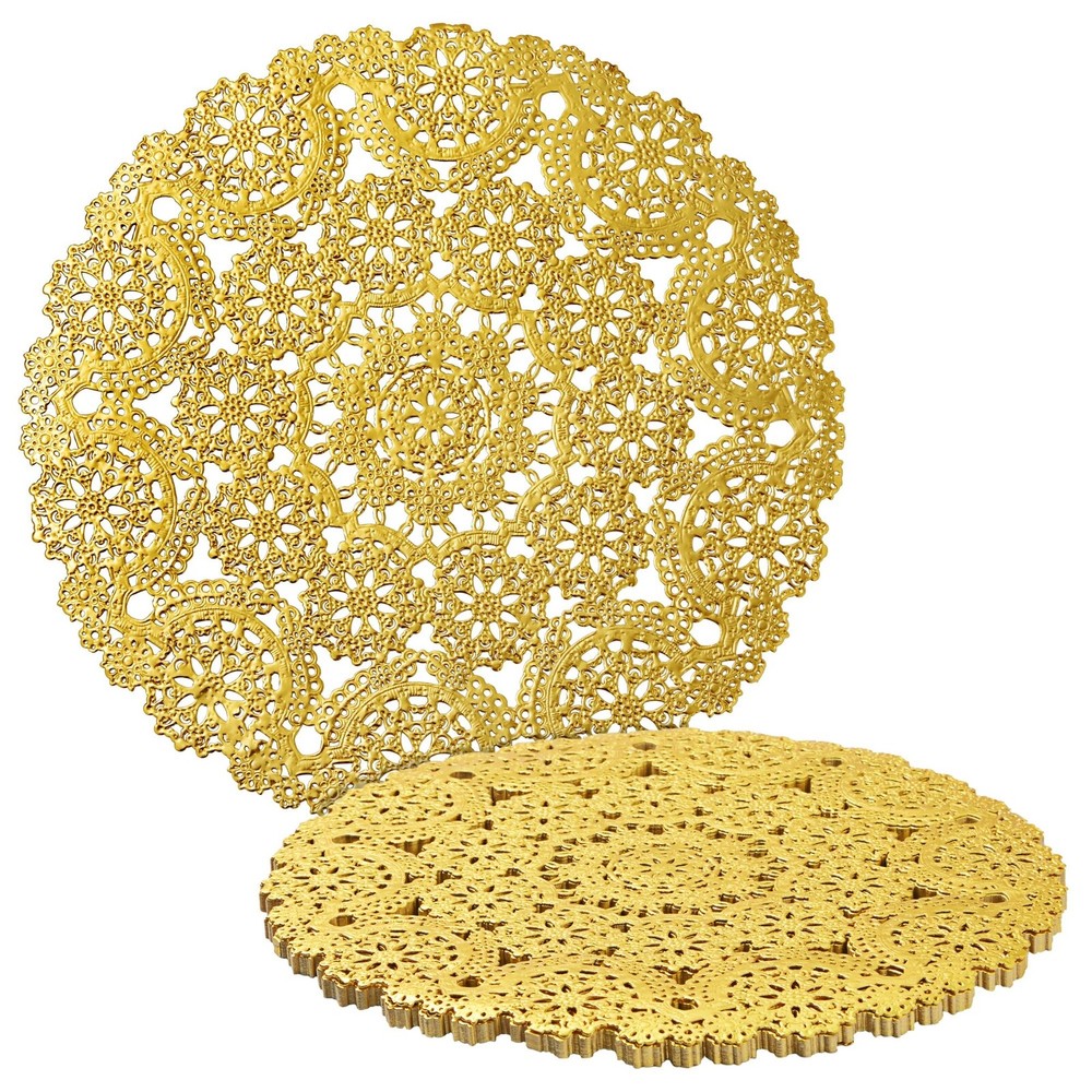 60 Pack Gold Paper Doilies 10 inch, Round Medallion Lace, Wedding Placemats