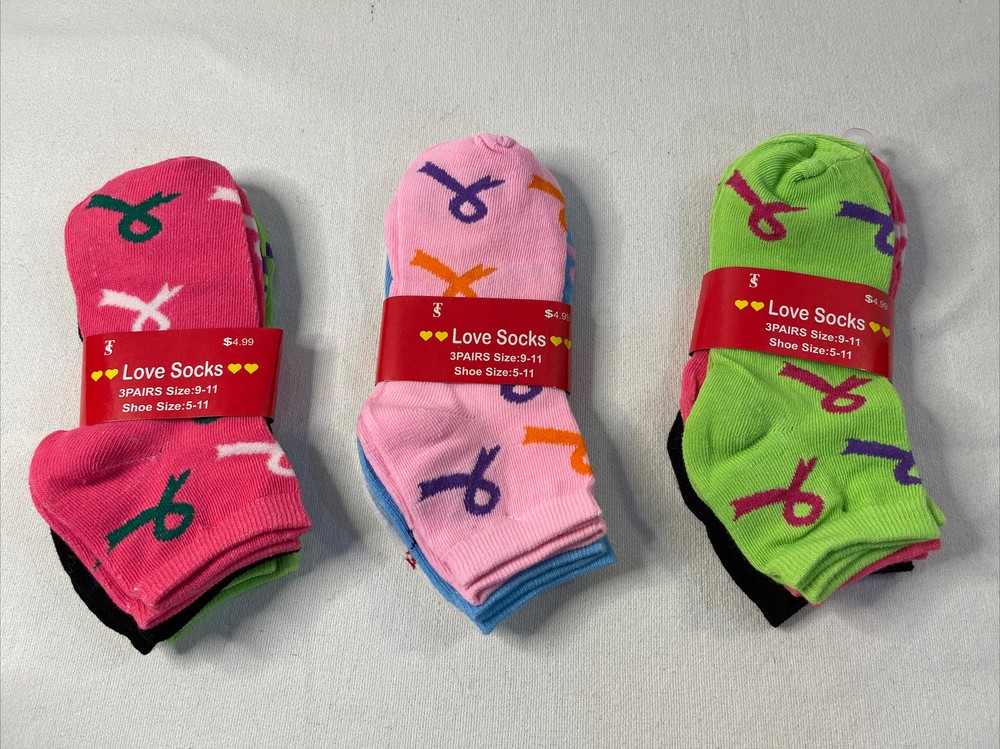 Womens Ankle Socks 9 Pair - Ribbon Print Assorted Colors