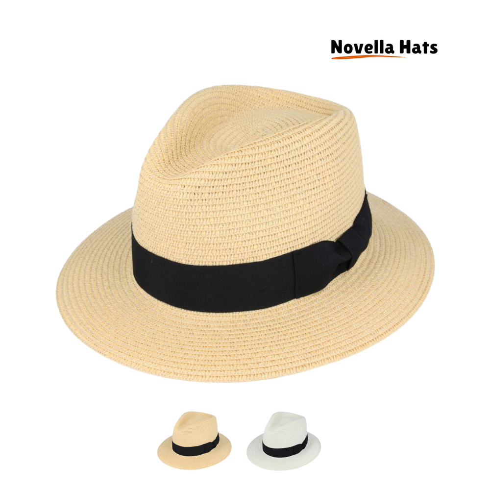 Straw Fedora Hat Mens Packable – Summer Sun Hat with Band for Men & Women