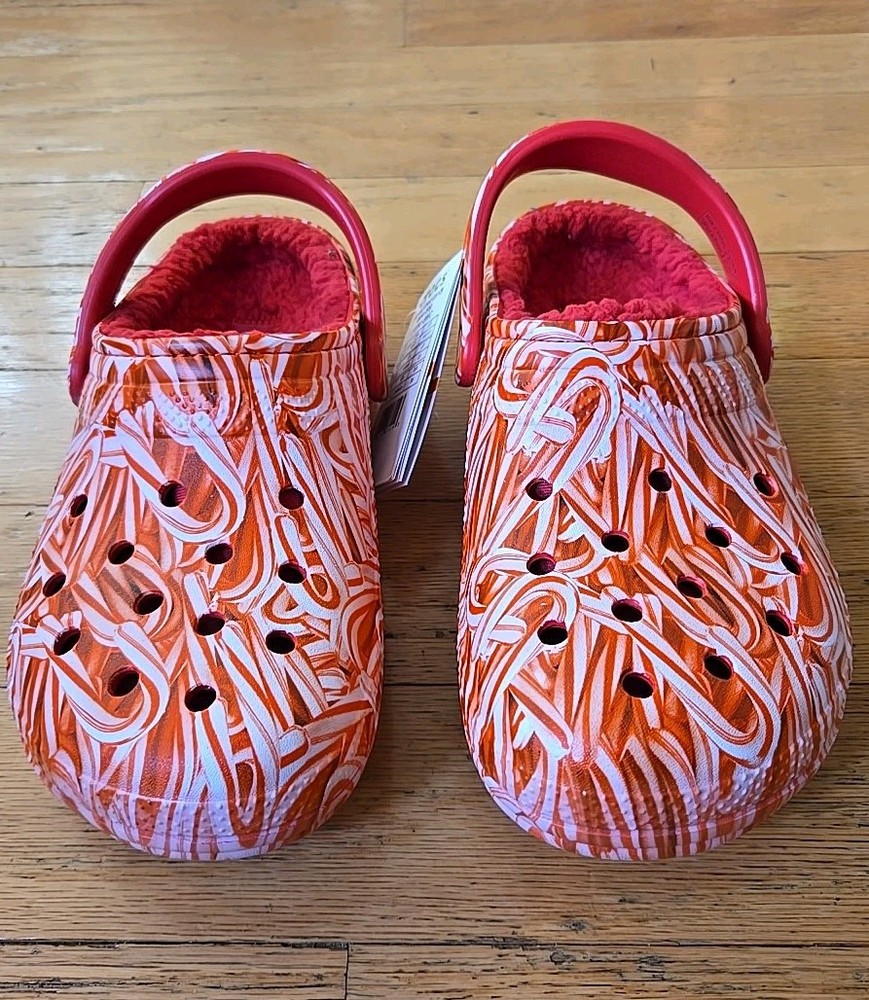 Crocs Women's 7 Men 5 Classic Lined Candy Cane Clogs Christmas Red White  New