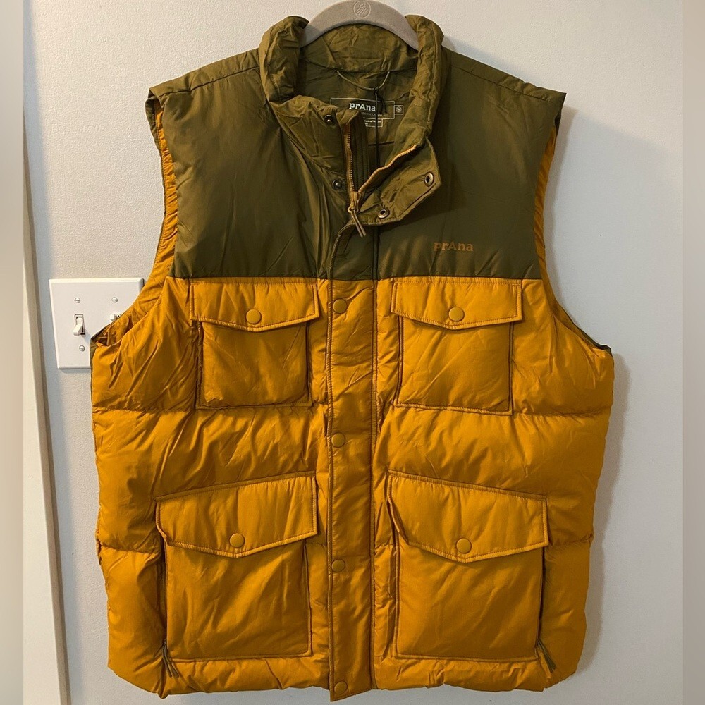 Prana Timber Trail Sleeveless Down Vest XL Army Green & Yellow Puffy