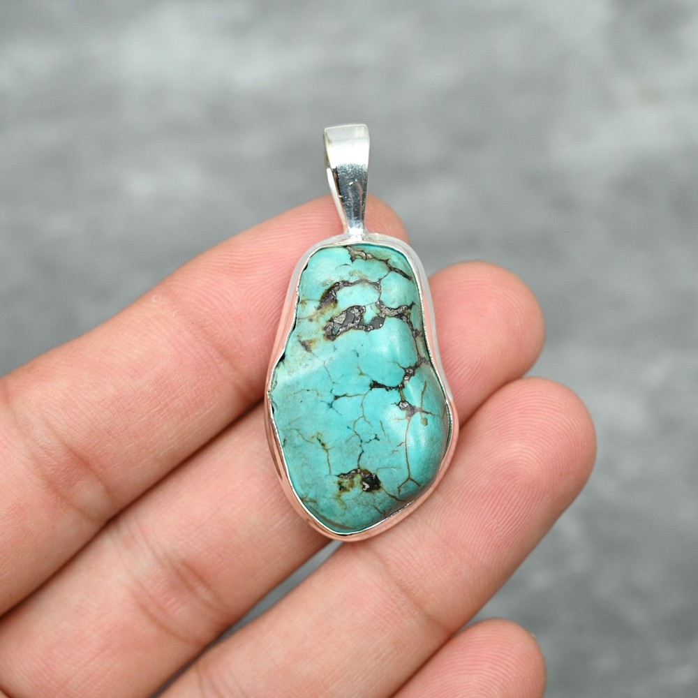 Natural Turquoise Gemstone Handmade Jewelry 925 Sterling Silver Pendant For Gift