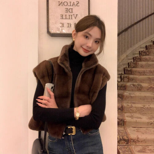 Women's Real Mink Fur Sleeveless Vest Waistcoat with Stand Collar and Zipper