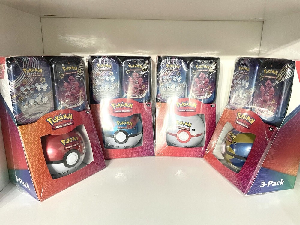 4 Pokemon TCG Paldean Fates Mini Tin (2) and Poke Ball Tin 3-Pack Sealed
