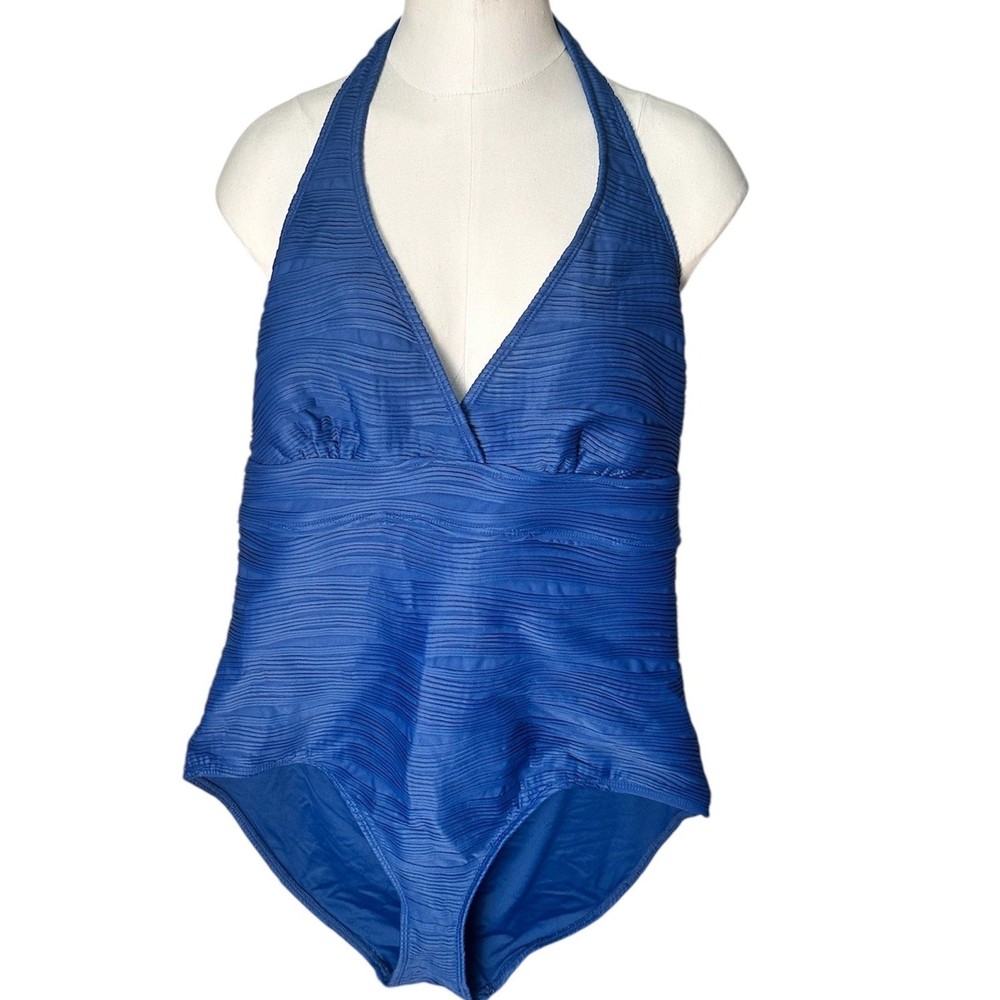 Anne Cole One Piece Swimsuit Womens 14 Blue Textured Halter V-Neck Back Cutout