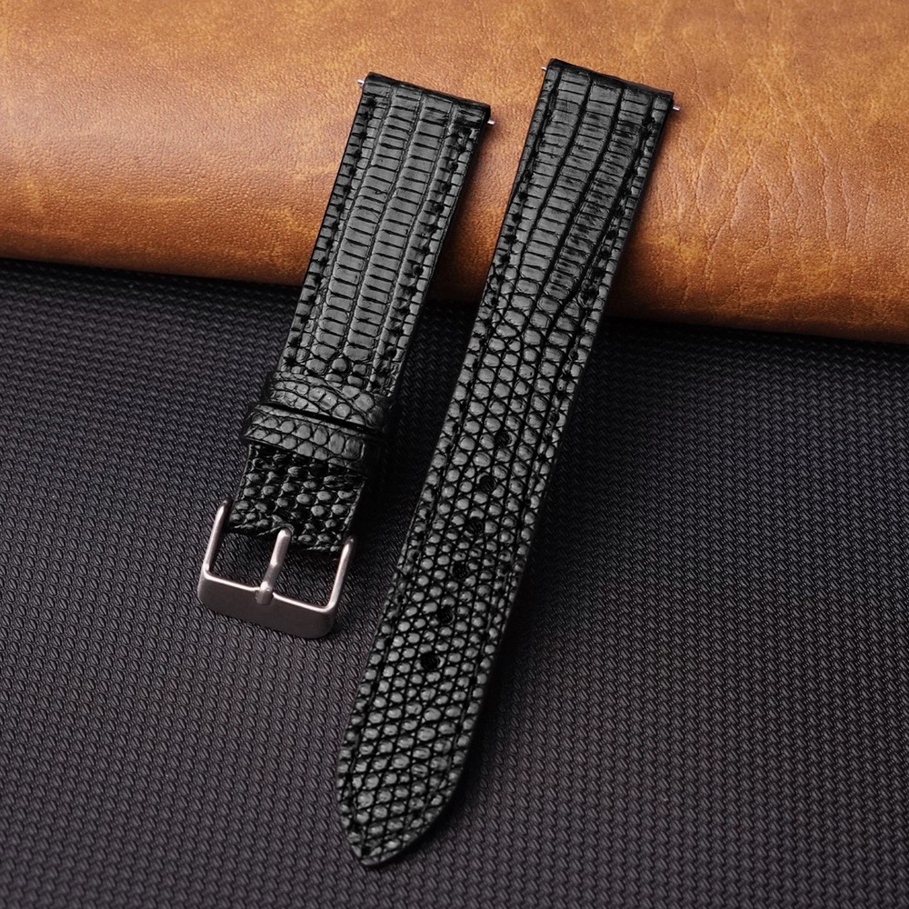 Black Leather Watch Band Men Handmade Real Flat Lizard Watch Strap Classic