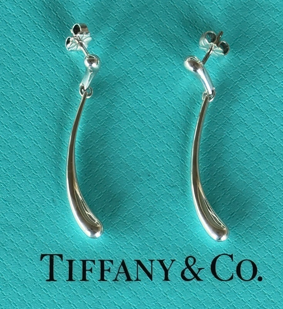 Tiffany & Co Elsa Peretti Elongated Teardrop Dangle Earrings Sterling Silver 925