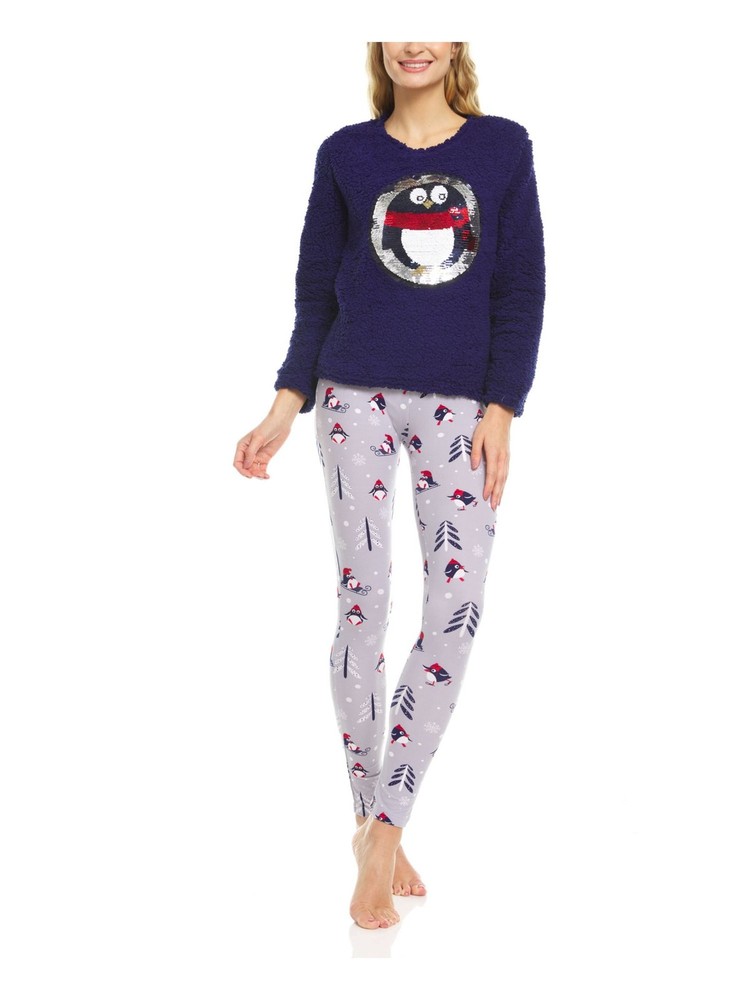 Ijak Womens Navy Graphic Print Lightweight Long Sleeve Pajama Set with Skinny Pants