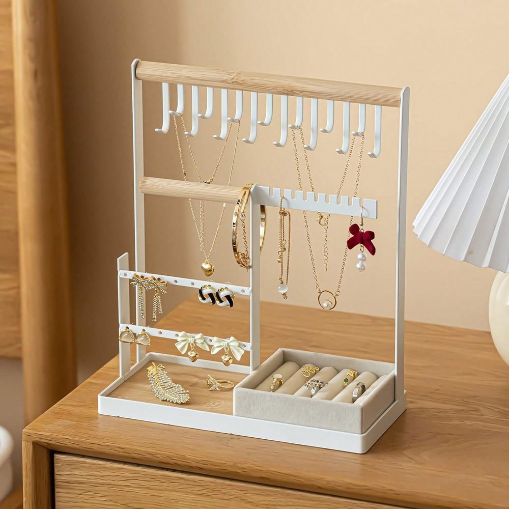 RFG 4-Tier Jewelry Organizer with Velvet Case 16 Earring Holes 15 Hooks