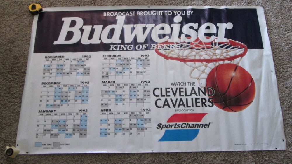 VINTAGE 1993 CLEVELAND CAVALIERS SCHEDULE ON HUGE BANNER FROM BUDWEISER BEER