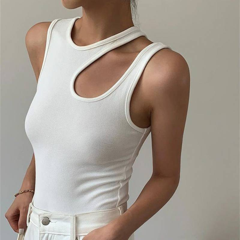 Women's Summer Cutout Sleeveless Interior Strap Black Digging Vest Top