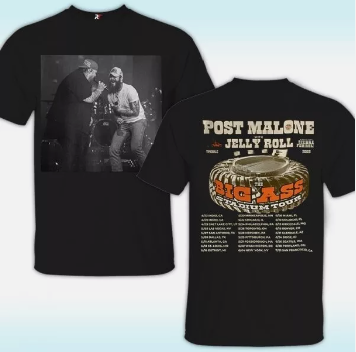 Post Malone Tour 2025, Big Ass Stadium Tour & Jelly Roll Merch for Unisex Tshirt