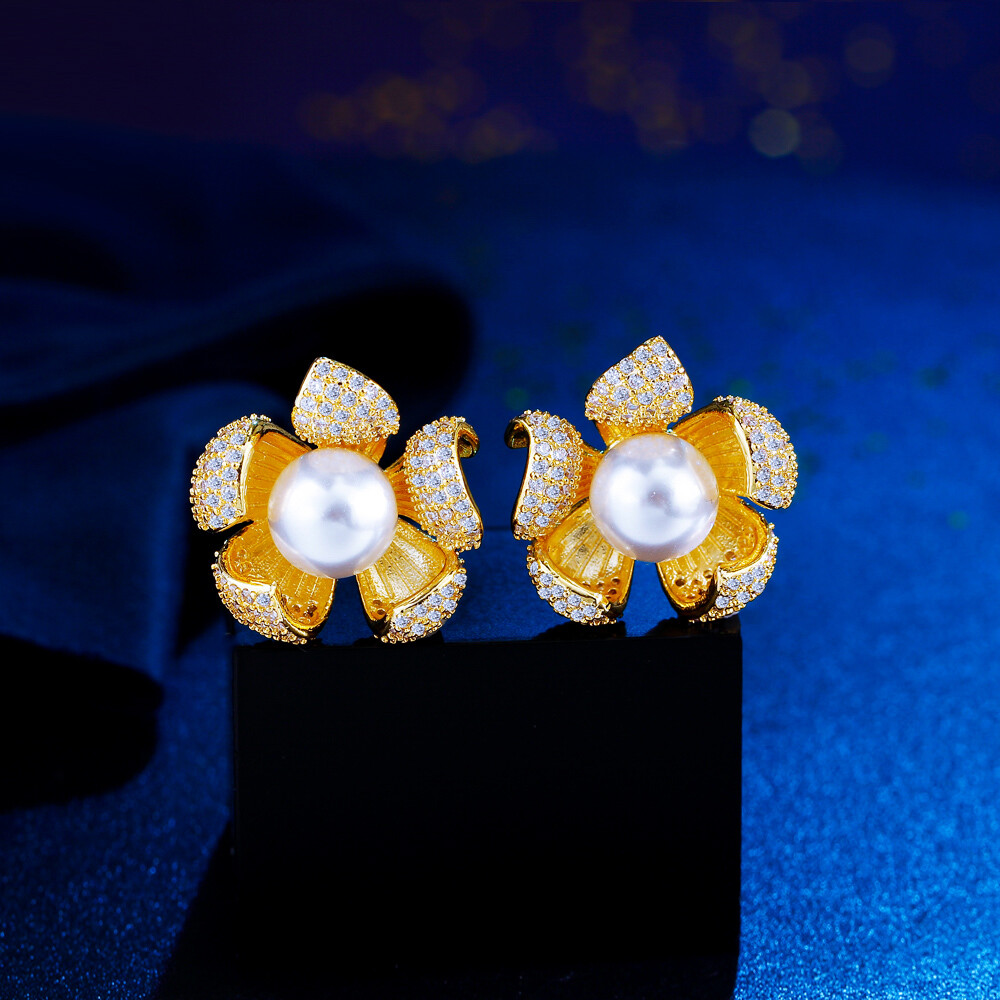 Chic Yellow Gold Plated CZ Flower Pearl Stud Earrings for Women