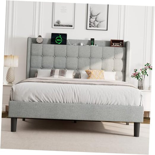 Queen Size Bed Frame, Upholstered Platform Bed Frame with Charging Station,