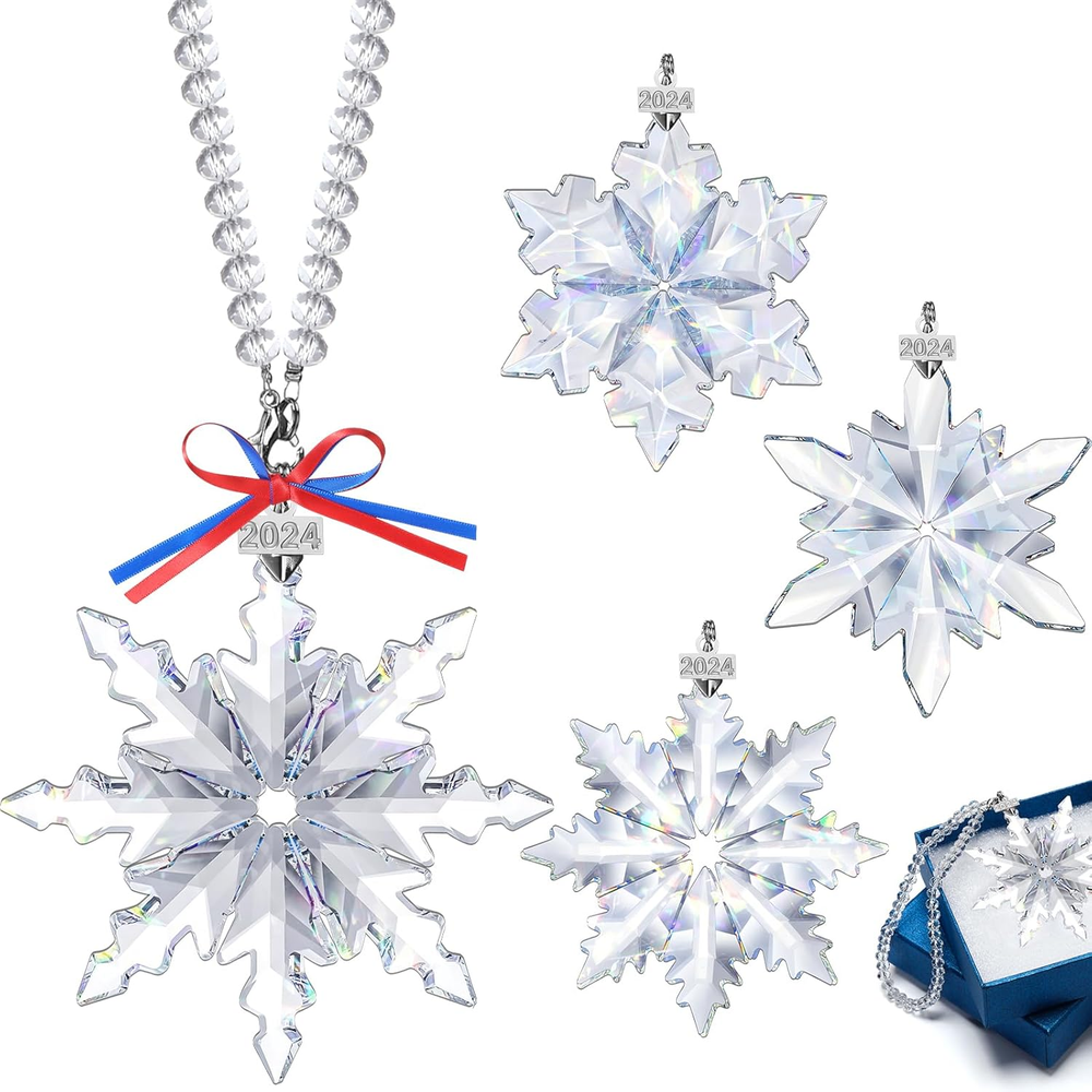 4 Pack 2024 Christmas Crystal Snowflake Pendant Decoration Crystals Snow Ornamen