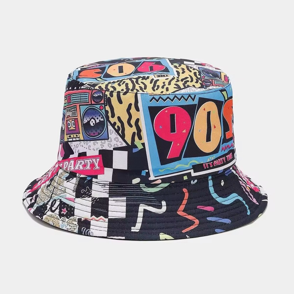 90s Vintage Reversible Graffiti Bucket Hat for Men & Women Summer Party