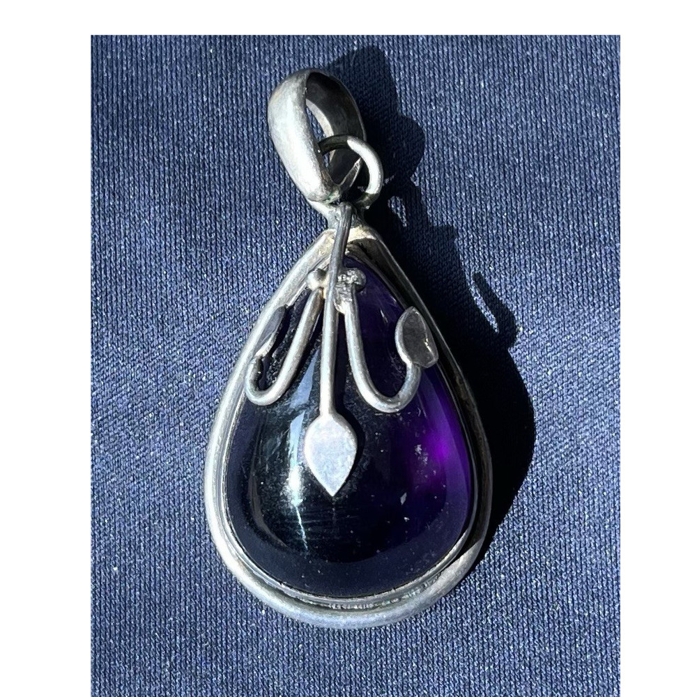 Vintage Art Nouveau Sterling Silver Amethyst Teardrop Pendant, Natural Gemstone