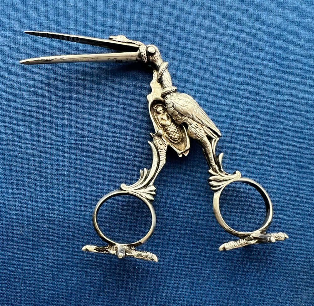 Antique 800 Silver Stork Clamp w/ Maker’s Mark + Revlon Sewing Scissors