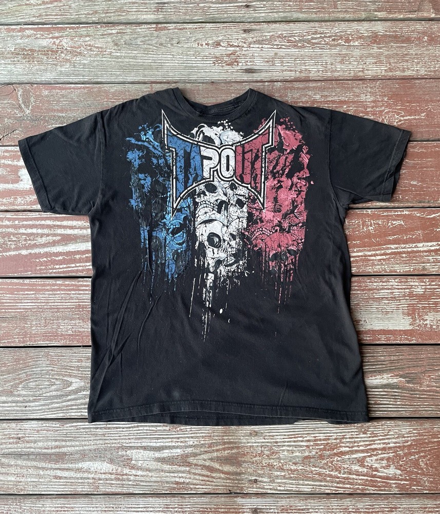 Vintage Tapout Skull T-Shirt Size Large Black Y2K American Flag Skulls Graphic T