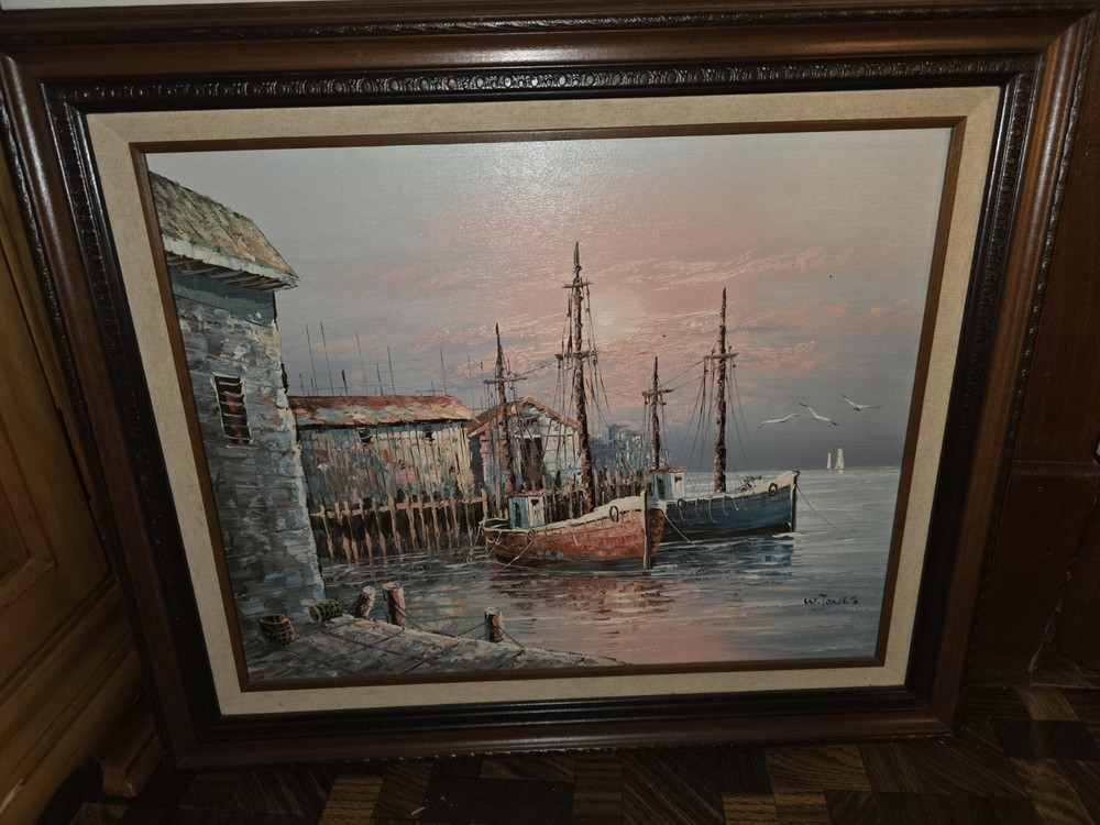Vintage Oil On Canvas Ship Harbor Painting by C.W Jones Framed By William Jones