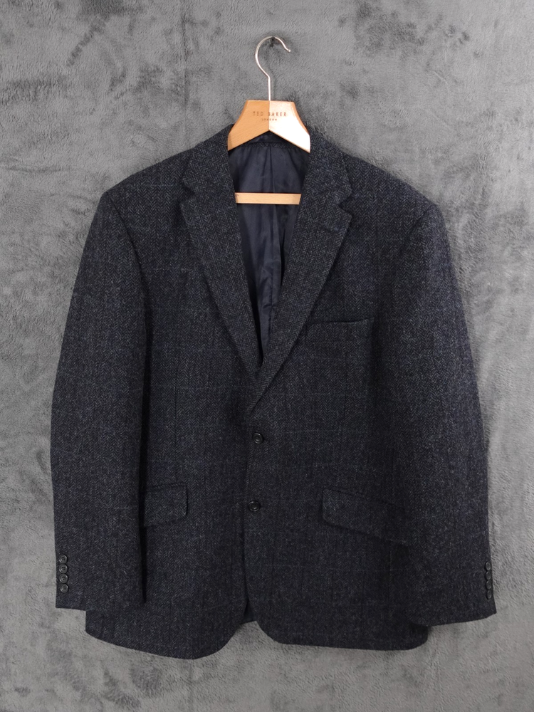 M&S Moon Tweed Jacket Mens 42R Navy Blue Windowpane Check Country Shooting Hunt