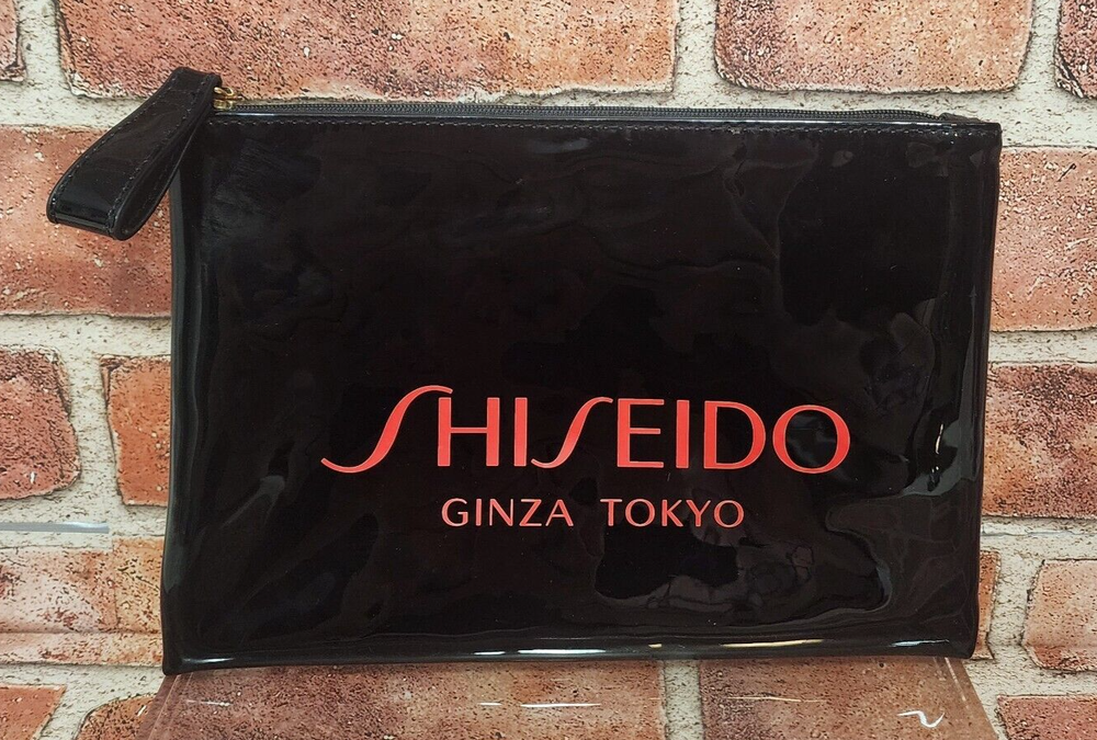 SHISEIDO Ginza Tokyo Japan Shiny PVC Black Vinyl Cosmetic/Make-Up Bag 9