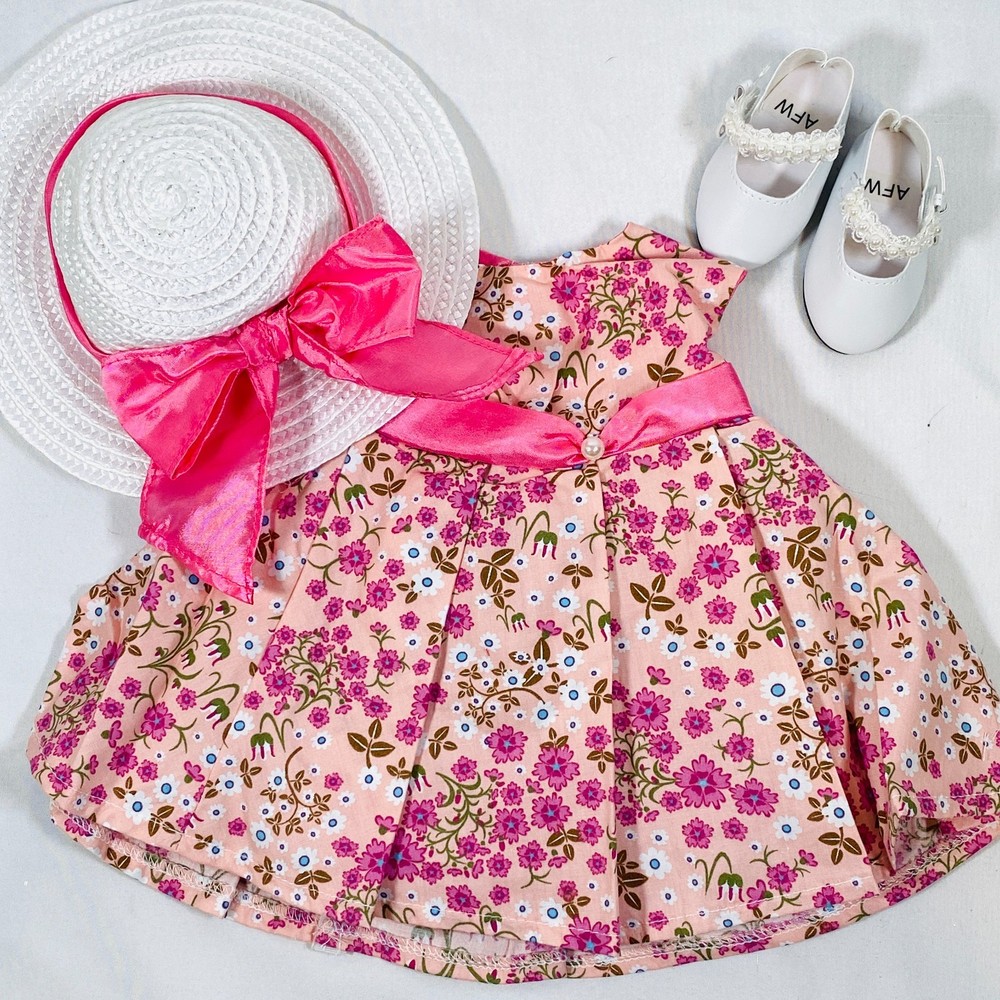 Pink Floral Easter Dress, Straw Hat, Shoes Outfit Set for 18