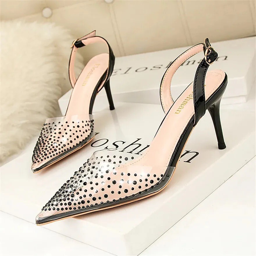 Women's US 8 Clear Slingback Stiletto Pumps Pointed Toe Heel Sandals
