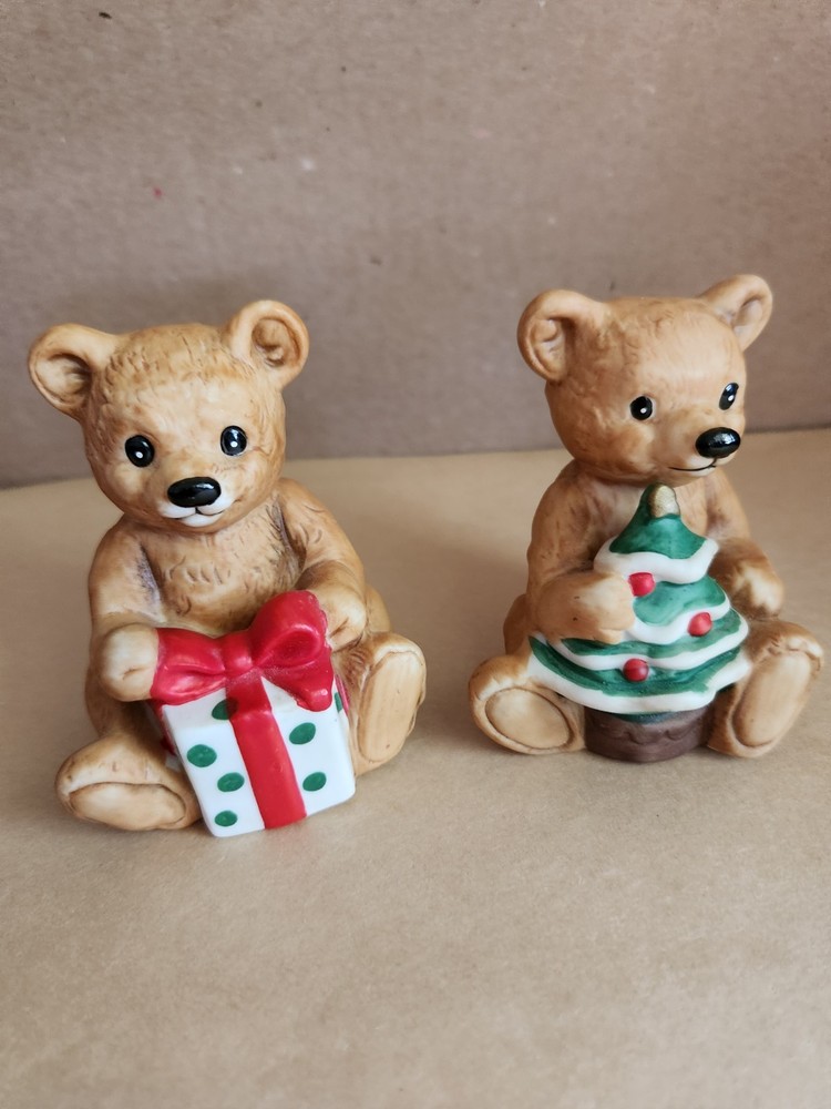 Vintage Ceramic Bear Figurines Christmas Decor Homco Pair