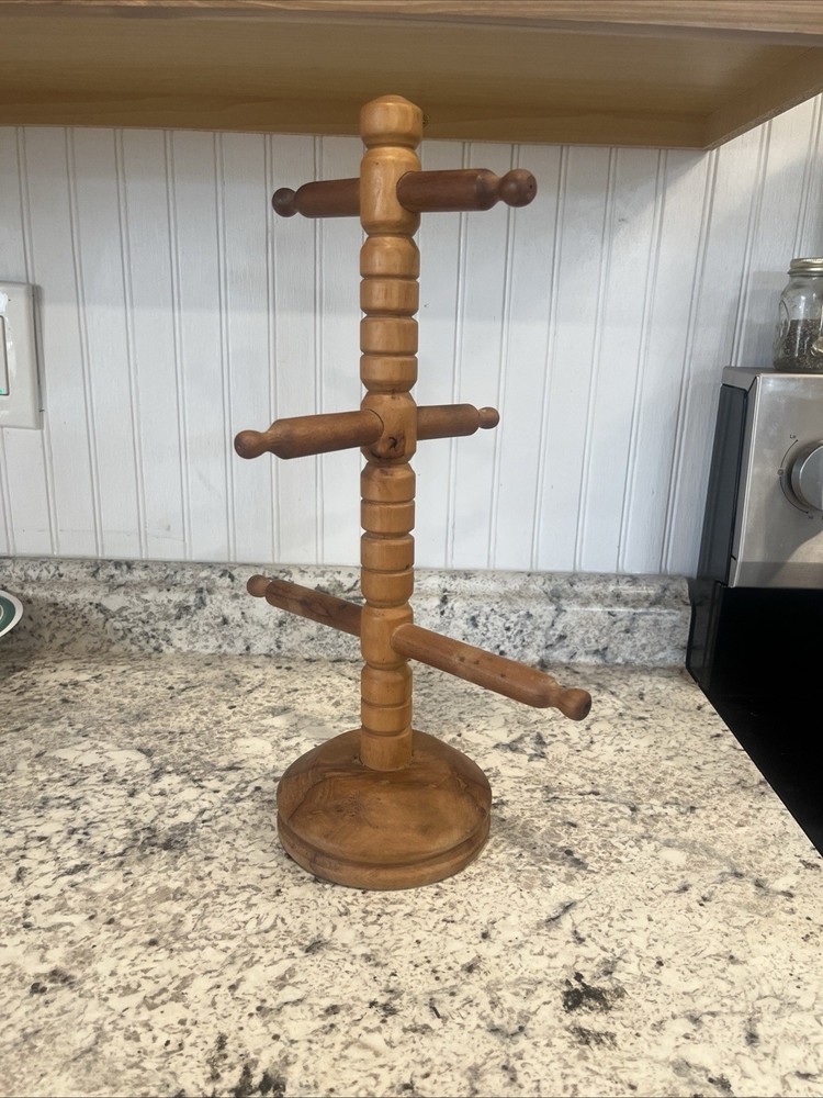 Vintage Wooden Mug Tree 6 Coffee Cup Holder Strong Thick Wood Rustic Farmhouse