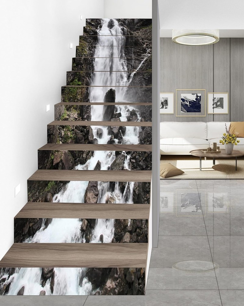3D Rock Waterfall Stair Stickers - 15-Piece Peel & Stick Set GXL309