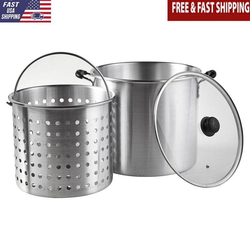 32 Quart Aluminum Steamer Pot with 21 Quart Basket & Glass Lid for Perfect Cooking