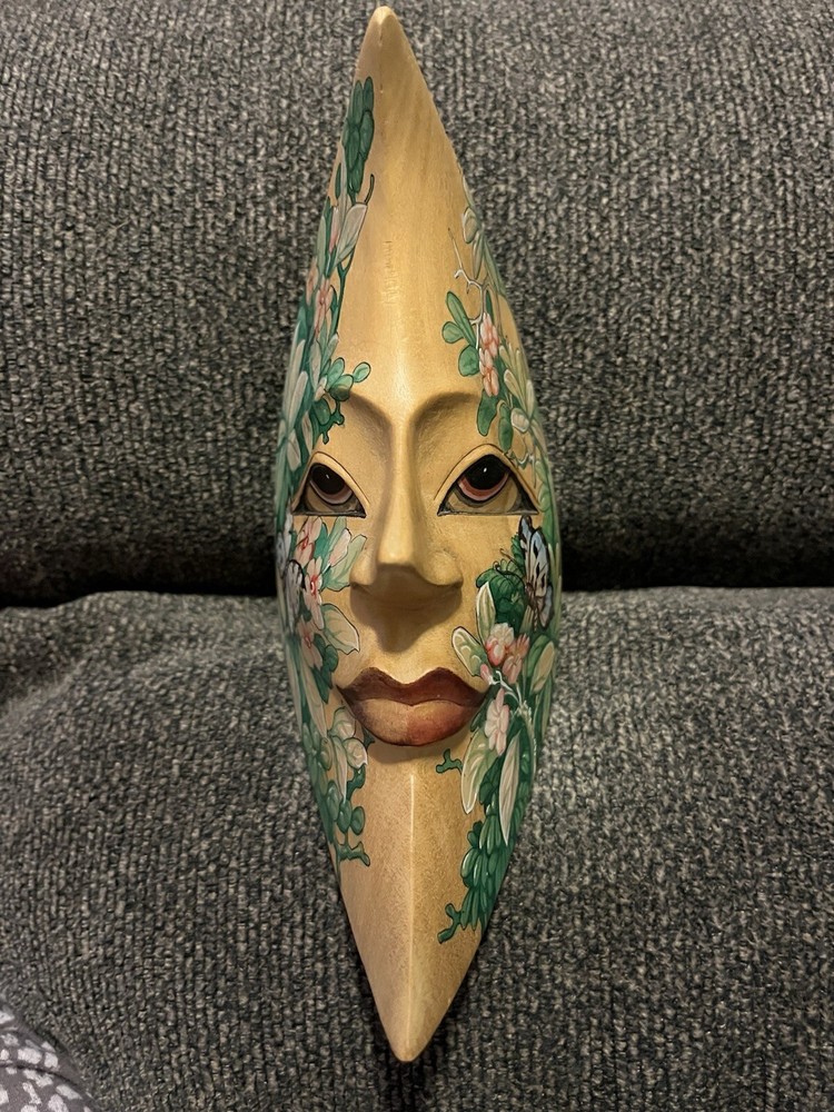 Hand Carved& Painted Wooden Moon Face. Signed By Artist 2009