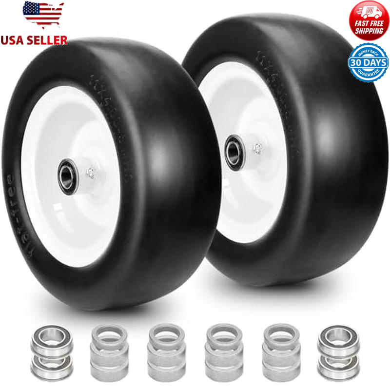 11x4.00-5 Flat Free Lawn Mower Tires Solid Smooth Universal Adapter Kit New