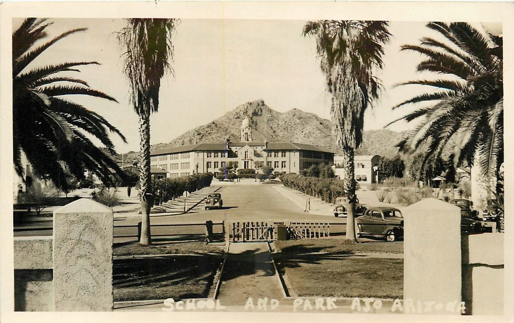 1930s Ajo Arizona School & Park autos Occupation RPPC Postcard 25-7163