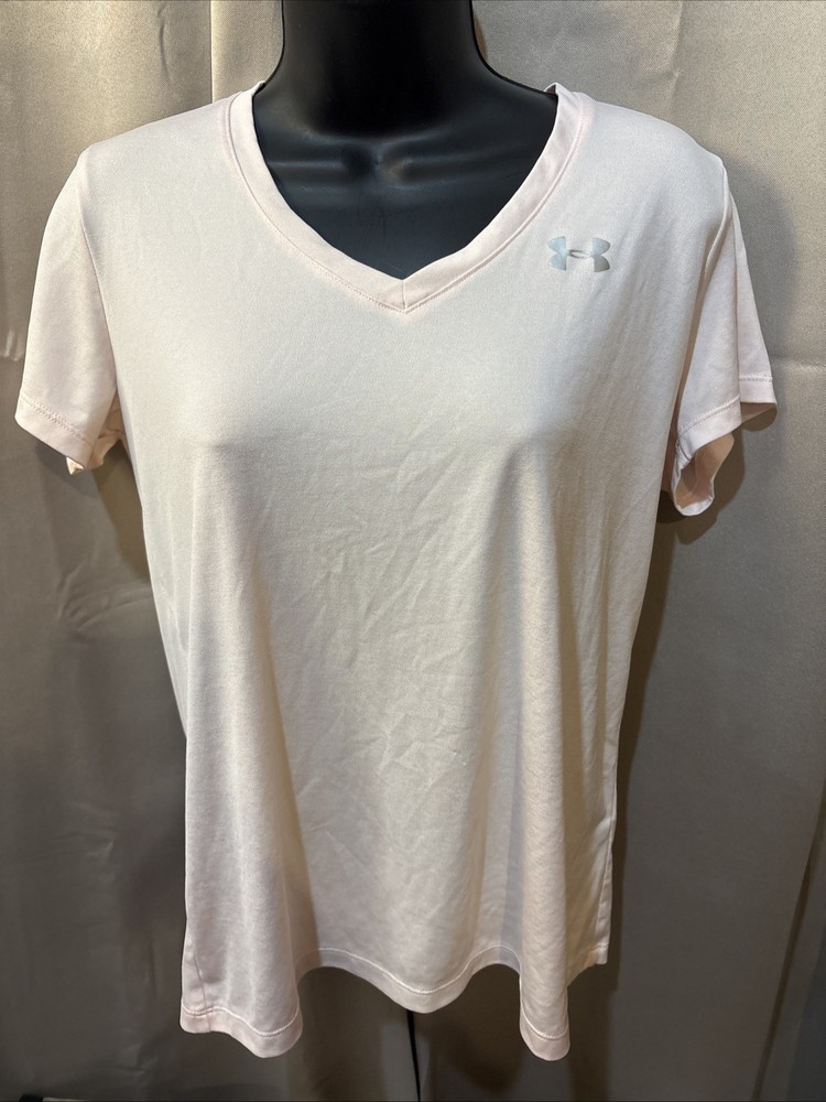 Under Armour Womens Medium T-Shirt Heat Gear Short Sleeve V-Neck Loose Fit Pink