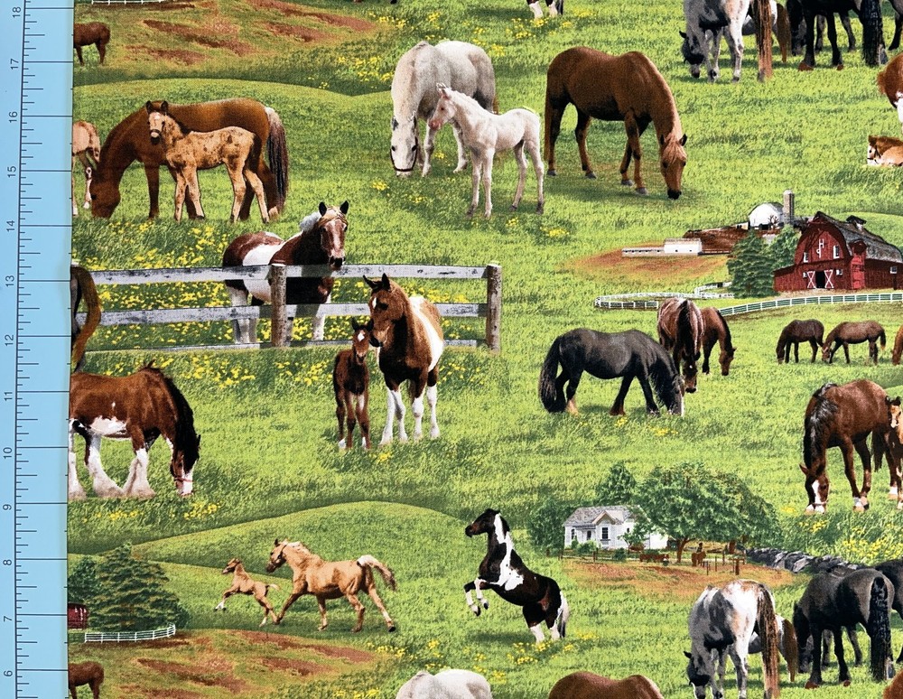 Farm Animal Fabric in Horse Pasture Green by Elizabeths Studio YARD