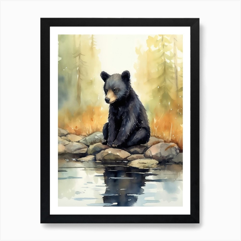 Black Bear Cub Watercolor Framed Wall Art Canvas Print Poster  