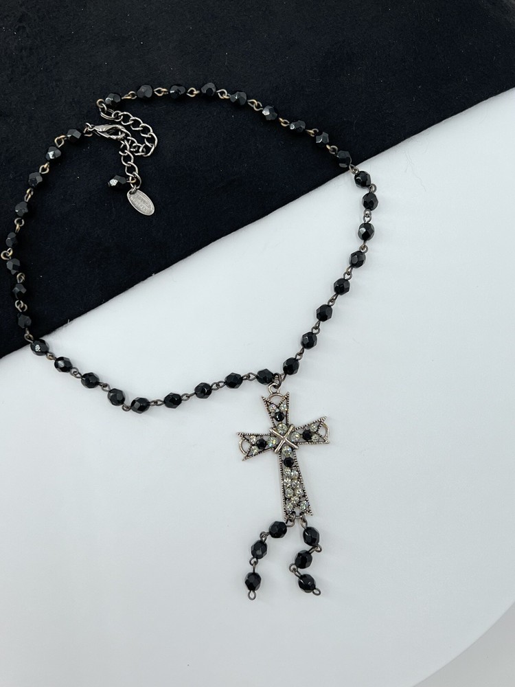 Seasonal Whispers Rhinestone Cross Black Faceted Glass Necklace-image