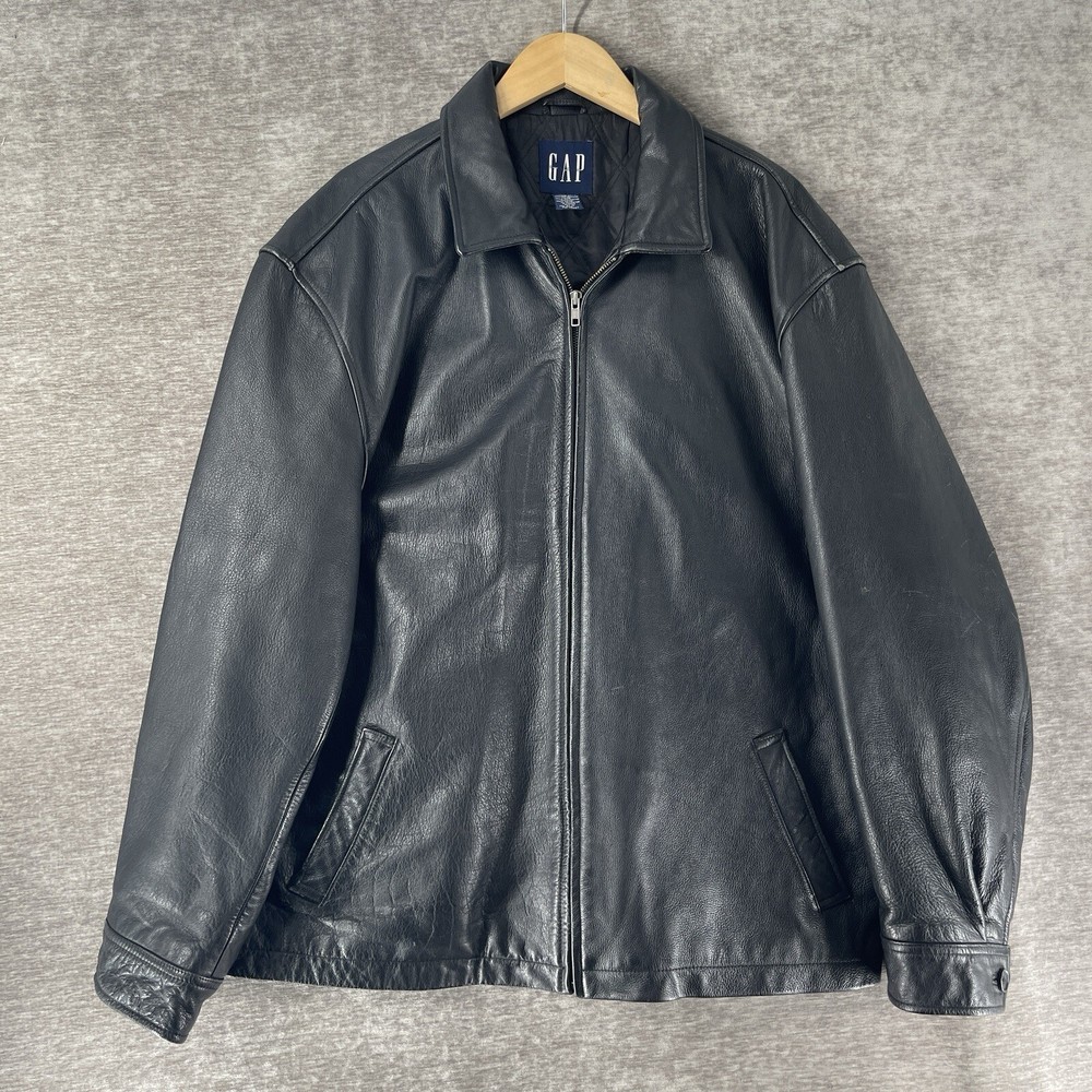 Vintage Gap Leather Jacket Men’s 2XL Full Zip Black Pockets Quilted Lining Y2K