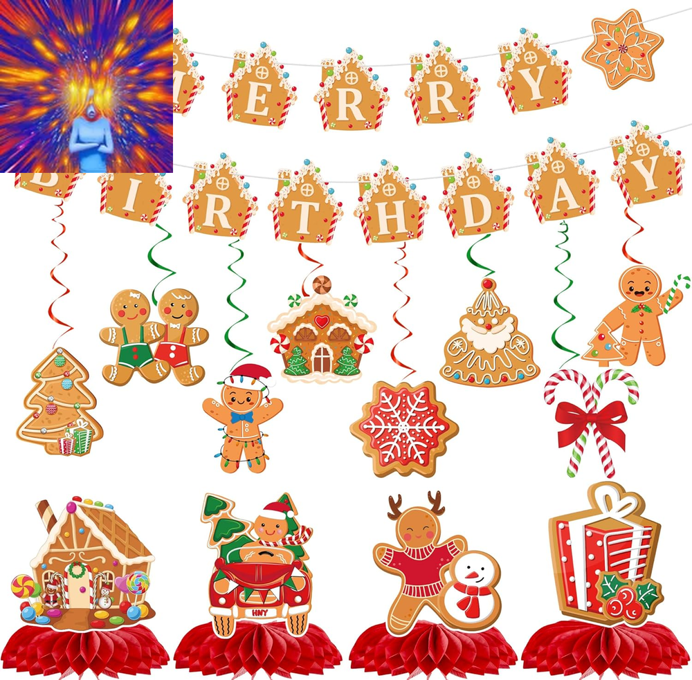 Gingerbread Merry Birthday Decorations - Christmas Party Banner Set 14Pcs Candy