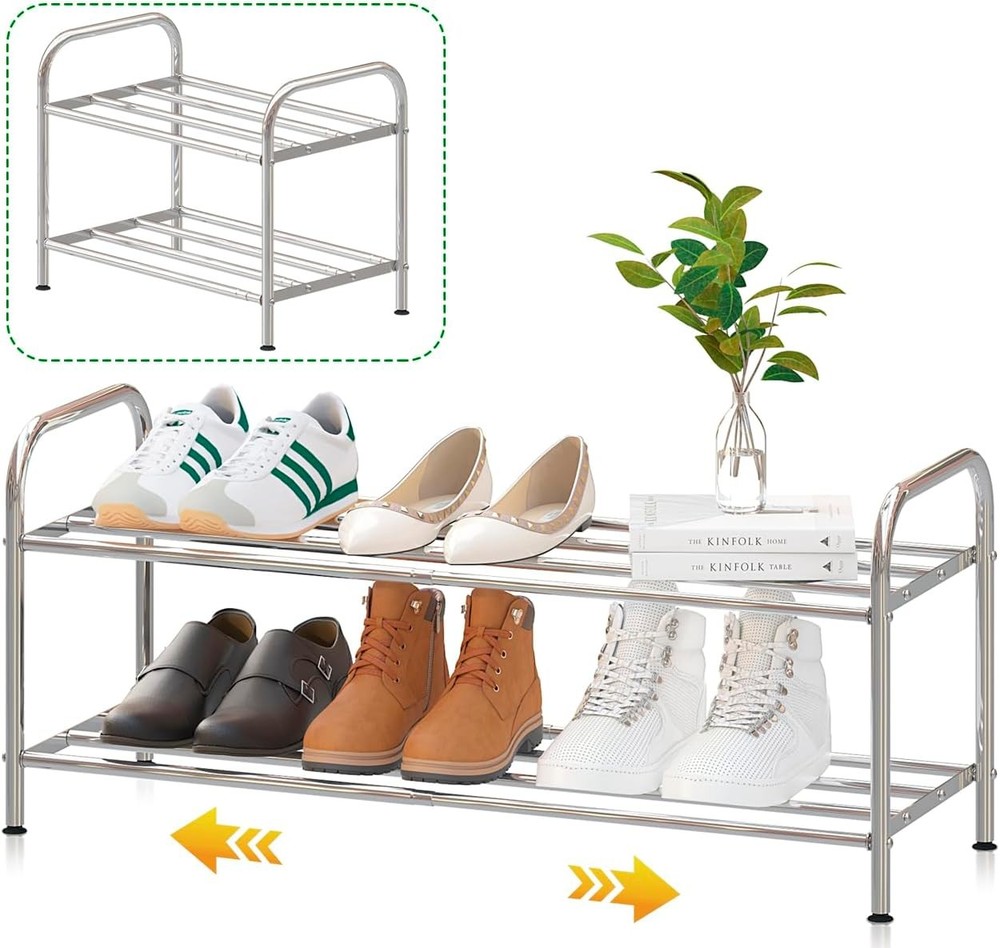 2-Tier Low Shoe Rack, 100% Stainless Steel, Small D: 2-tier, Silver