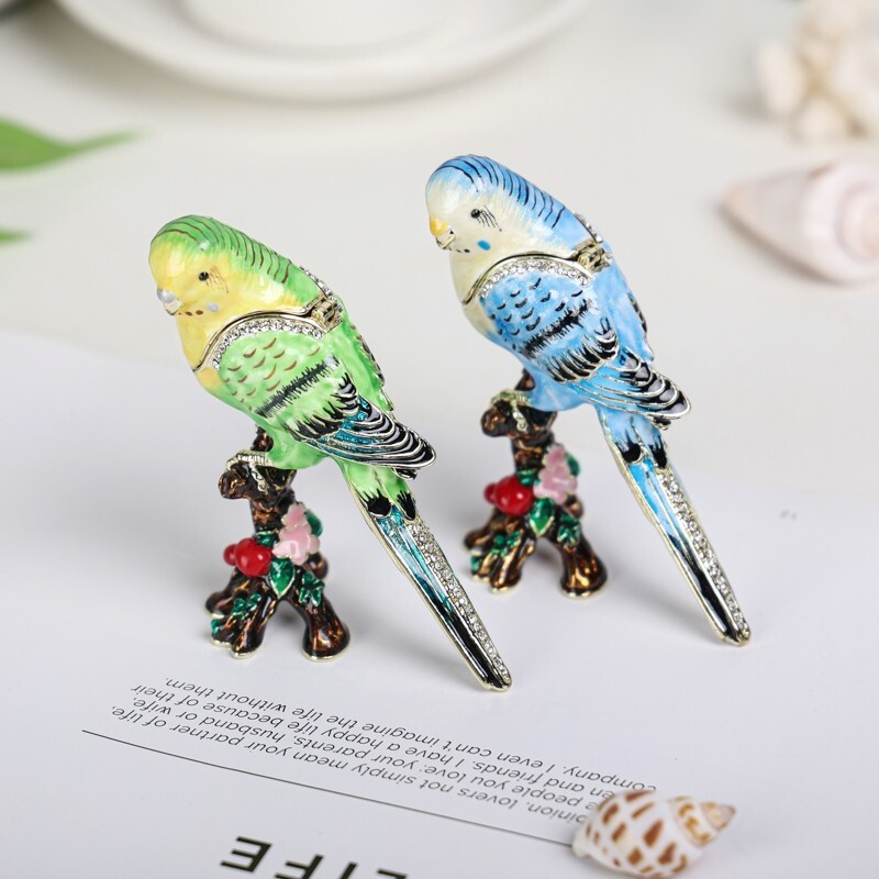 Colorful Enamel Budgie Trinket Box for Collectible Bird Decor and Desk Display  