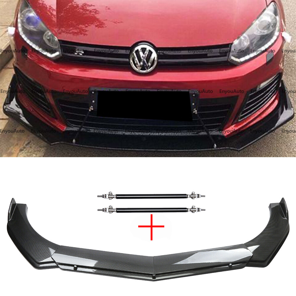For Volkswagen Passat Front Bumper Lip Spoiler + Strut Rods Carbon Fiber